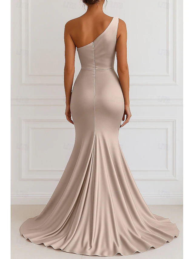 Mermaid Trumpet Court Train Evening Gown Elegant Sleeveless One Shoulder Wedding Formal Pink Dress Stretch Satin with Pleats