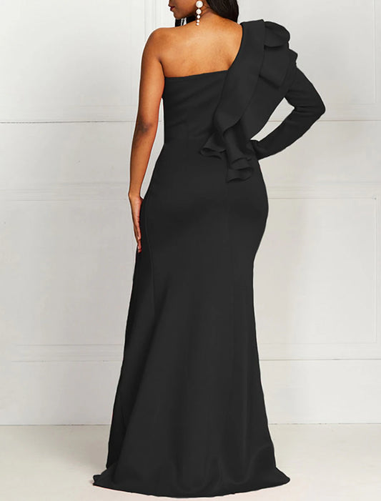 Mermaid Evening Gown Elegant Dress Formal Evening Floor Length Long Sleeve One Shoulder Fall Wedding Guest Stretch Fabric with Ruffles Pure Color Masquerade Dress