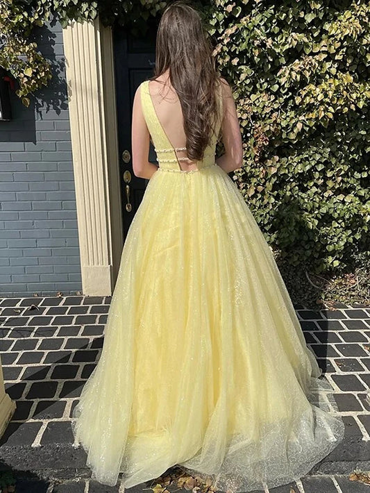 A-Line/Princess V-Neck Floor-Length Prom Dresses