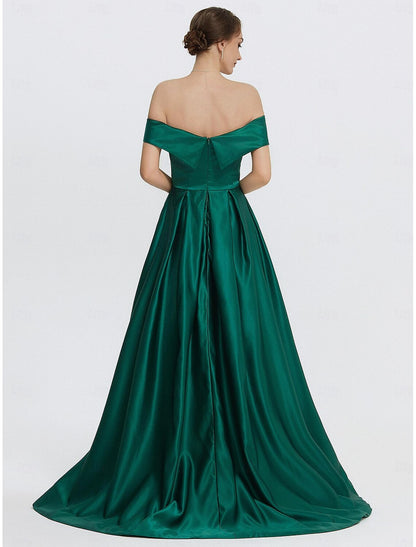 A-Line Evening Gown Elegant Dress Formal Prom Floor Length Sleeveless Sweetheart Satin with Slit