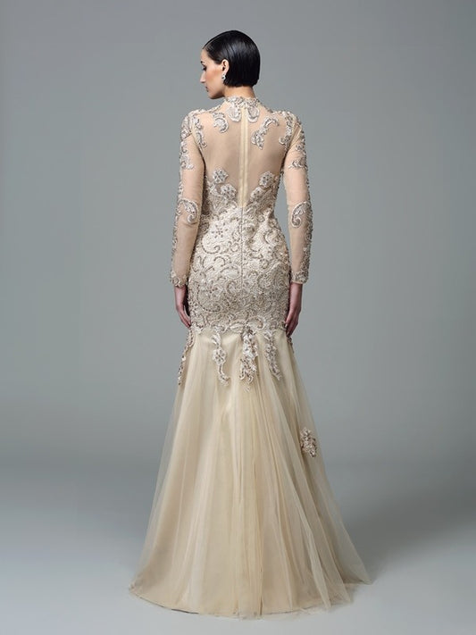 Sheath/Column High Neck Applique Long Sleeves Long Net Dresses