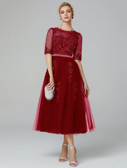 A-Line Sparkle Dress Formal Evening Kentucky Derby Tea Length Sleeveless Illusion Neck Fall Wedding Guest Lace Over Tulle with Sequin Appliques Derby Dresses
