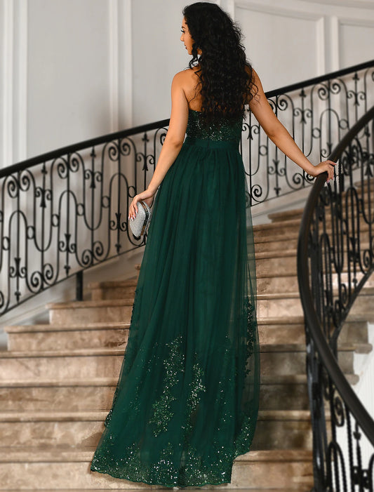 Mermaid Prom Dresses Emerald Green Dress Wedding Guest Court Train Sleeveless Strapless Tulle with Slit Appliques Masquerade Dress