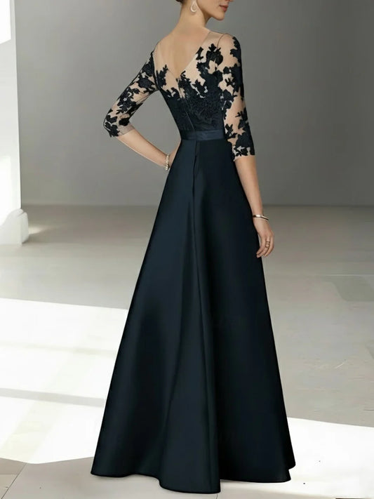A-Line/Princess Scoop Satin Mother of the Bride Dresses 3/4 Sleeves Lace Floor-Length Floral