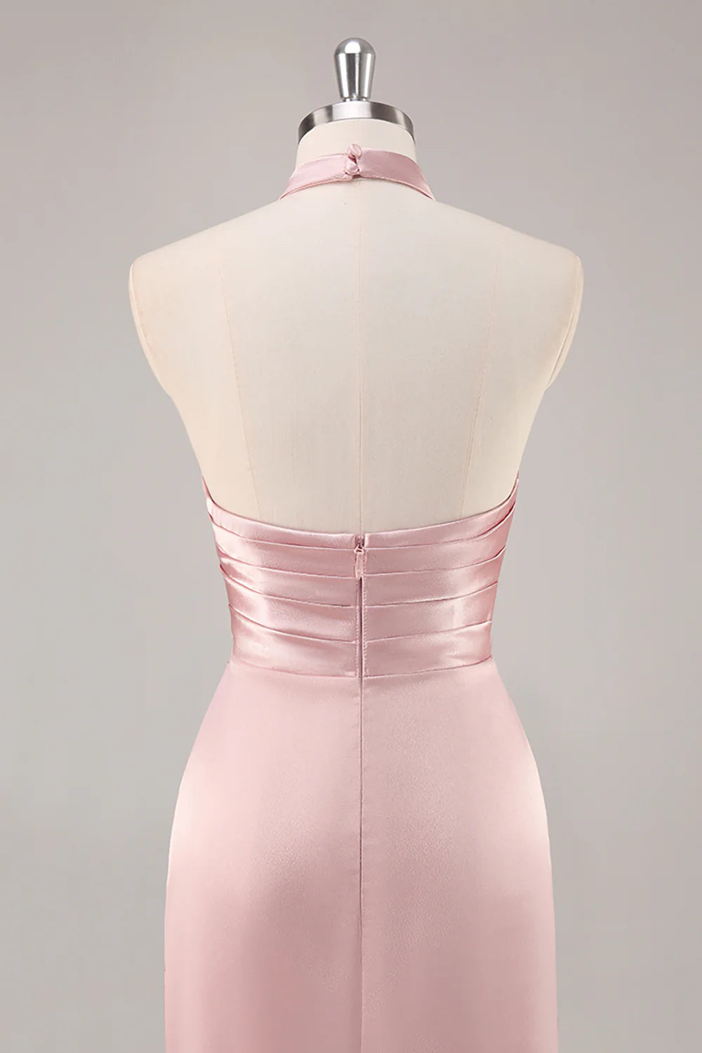 Blush Satin Mermaid Halter Ruched Long Bridesmaid Dress with Slit