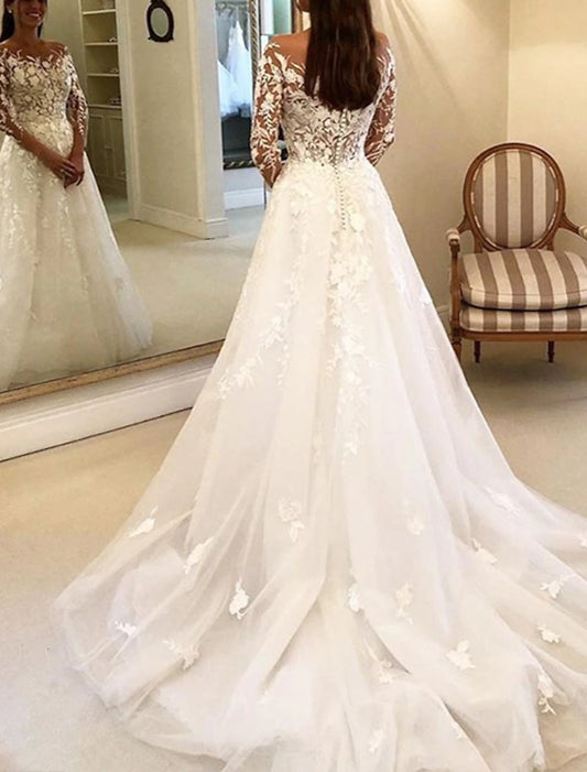 Beach Wedding Vintage Formal Wedding Dresses Ball Gown Off Shoulder Long Sleeve Chapel Train Lace Bridal Gowns With Buttons Appliques