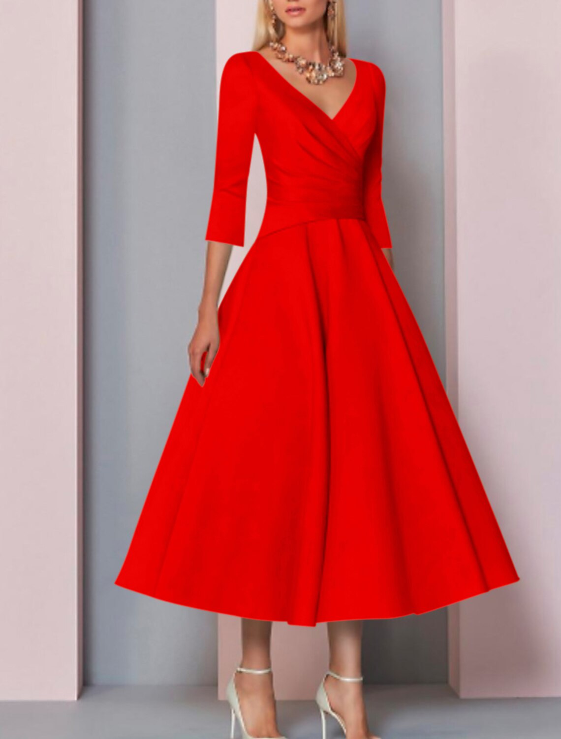 Beach Wedding A-Line Gold Dresses Mother of the Bride Dress Wedding Guest Elegant Vintage Plus Size V Neck Tea Length Satin 3/4 Length Sleeve with Pleats dress