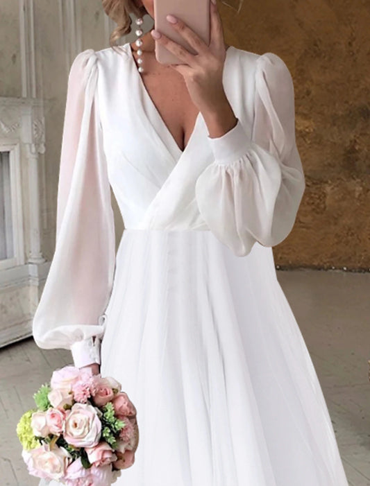 Bridal Shower Little White Dresses Casual Wedding Dresses A-Line V Neck Long Sleeve Asymmetrical Chiffon Bridal Gowns With Solid Color