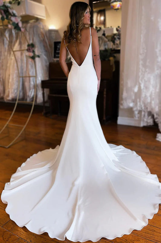 Simple White Mermaid Backless Boho Wedding Dress