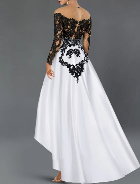A-Line Cocktail Dresses Elegant Dress Wedding Party Semi Formal Asymmetrical Long Sleeve Off Shoulder Fall Wedding Guest Satin with Beading Embroidery Appliques Derby Dresses