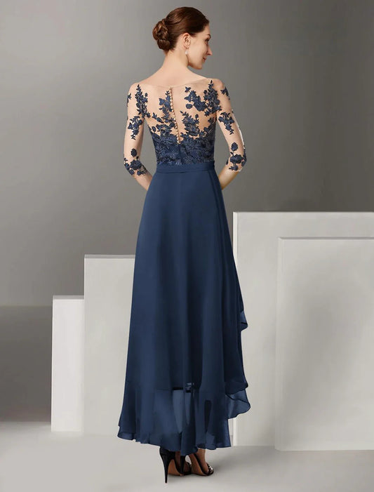 A-Line Mother of the Bride Dress Formal Wedding Guest Elegant High Low Off Shoulder Ankle Length Chiffon Lace Half Sleeve with Pleats Appliques