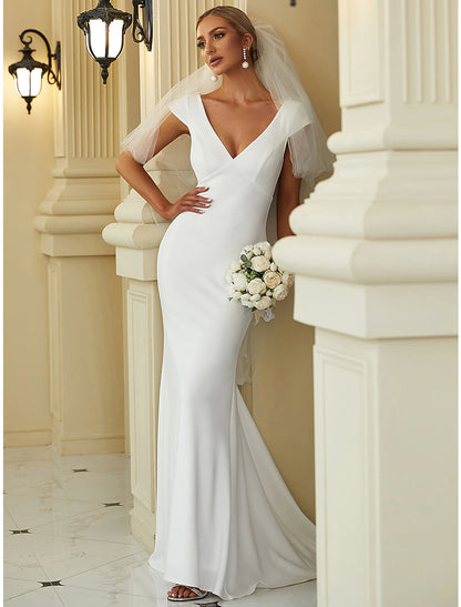 Reception Simple Wedding Dresses Mermaid / Trumpet V Neck Cap Sleeve Sweep / Brush Train Stretch Fabric Bridal Gowns With Draping Solid Color