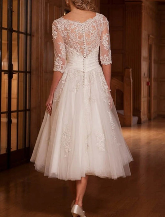 Reception Vintage 1940s / 1950s Little White Dress Bridal Shower Dresses Wedding Dresses A-Line Illusion Neck 3/4 Length Sleeve Tea Length Lace Bridal Gowns With Appliques