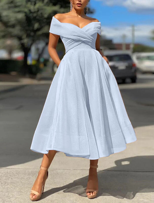 Beach Wedding A-Line Cocktail Dresses Vintage Dress Wedding Guest Tea Length Sleeveless Off Shoulder Tulle with Pleats Derby Dresses