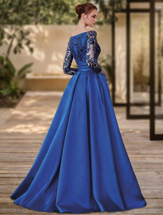 Sheath / Column Evening Gown High Split Dress Formal Wedding Guest Sweep / Brush Train 3/4 Length Sleeve Off Shoulder with Bow(s) Sequin Slit dress