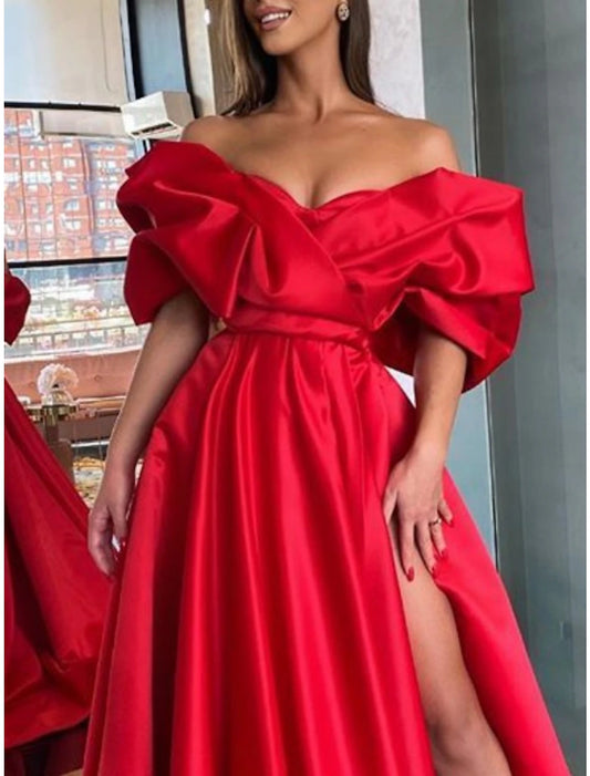 Sheath Evening Gown Party Dress Red Green Dress Black Tie Gala Sweep / Brush Train Half Sleeve Off Shoulder Satin with Ruched Slit dress
