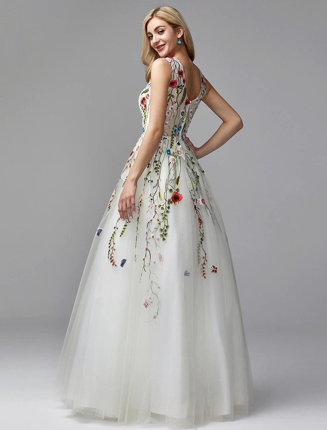 A-Line Floor Length Prom Dresses Floral White Sleeveless V Neck Valentine's Day Wedding Guest Lace Tulle with Embroidery Appliques