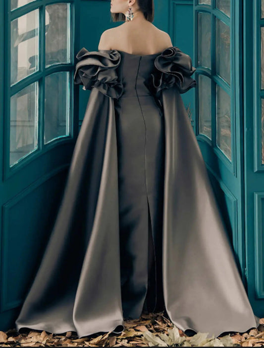 Sheath / Column Elegant Vintage Wedding Guest Formal Evening Dress Sweetheart Neckline Long Sleeve Floor Length Satin with Pure Color dress