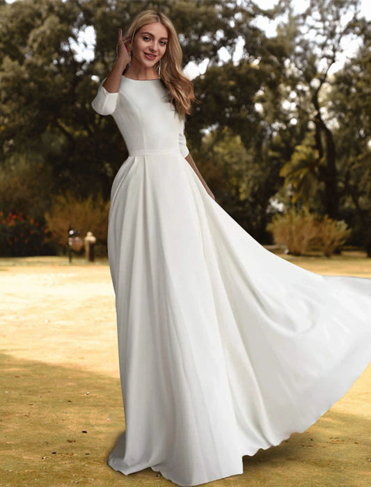 Hall Casual Wedding Dresses A-Line Scoop Neck 3/4 Length Sleeve Sweep / Brush Train Stretch Fabric Bridal Gowns With Pleats Solid Color