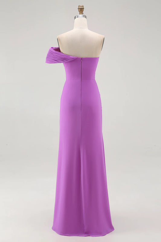 Purple One Shoulder Ruched Mermaid Long Formal Dress with Slit