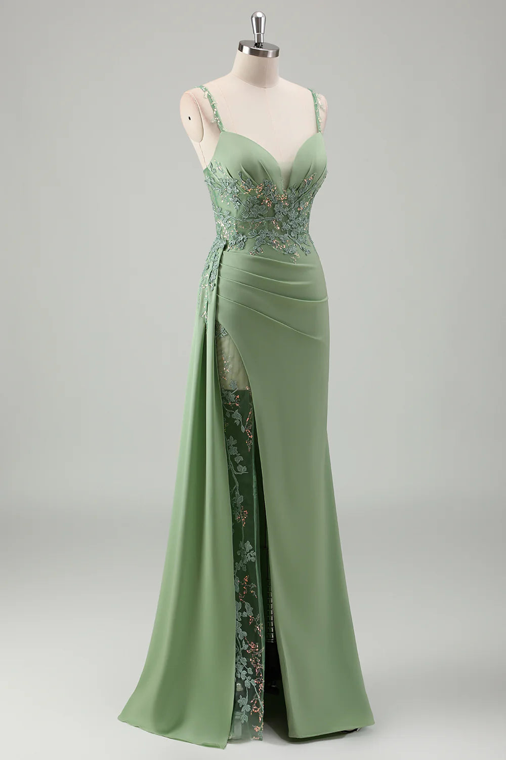 Sparkly Light Green Spaghetti Straps Lace Long Prom Dress with Slit