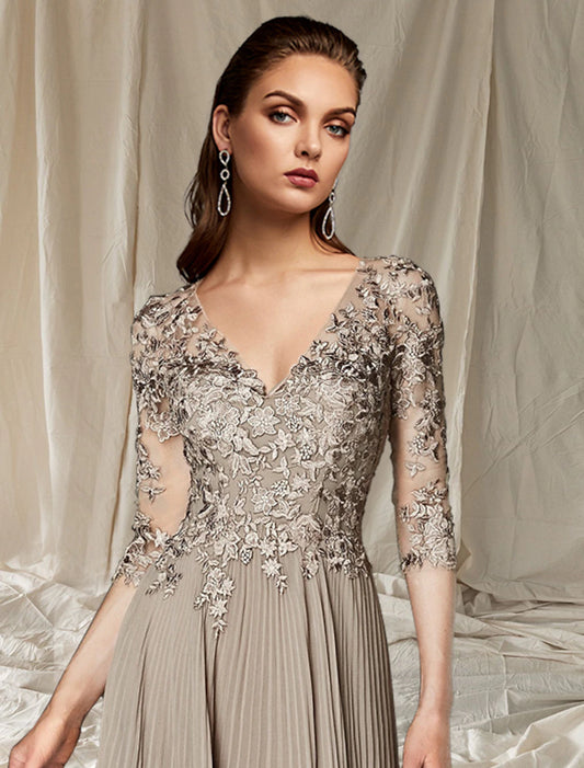A-Line Mother of the Bride Dress Wedding Guest Elegant Plus Size V Neck Floor Length Chiffon Lace Half Sleeve with Pleats Appliques