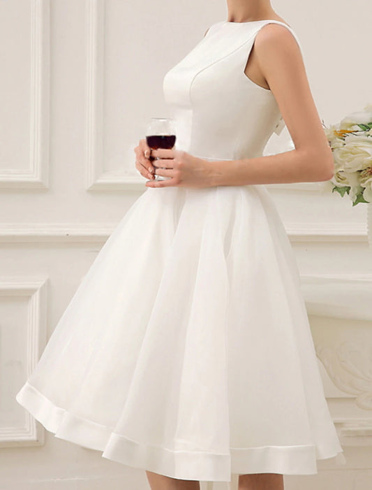 Reception Vintage Little White Dresses Wedding Dresses A-Line Scoop Neck Sleeveless Knee Length Satin Bridal Gowns With Bow(s)