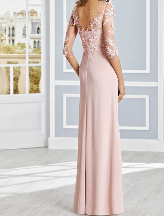 Sheath Evening Gown Luxurious Dress Wedding Guest Engagement Floor Length Half Sleeve Illusion Neck Chiffon with Ruffles Draping Appliques