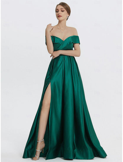 A-Line Evening Gown Elegant Dress Formal Prom Floor Length Sleeveless Sweetheart Satin with Slit