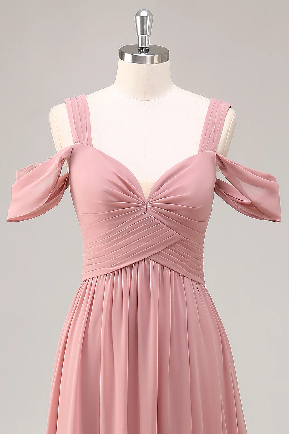Dusty Rose Cold Shoulder Chiffon Long Bridesmaid Dress with Slit