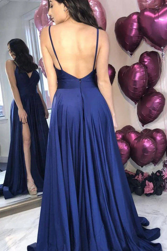 Elegant A-line V-neck Satin Front Slit Backless Prom Dress with Pockets