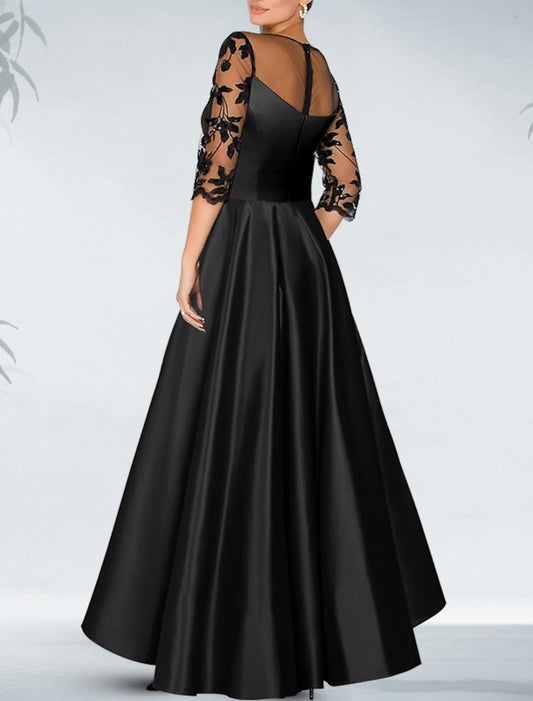 Sheath Cocktail Dresses Luxurious Dress Formal Wedding Guest Asymmetrical 3/4 Length Sleeve Off Shoulder Pocket Satin with Beading Appliques Derby Dresses