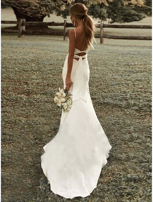 Beach Wedding Beach Sexy Casual Simple Simple Wedding Dresses Sheath Square Camisole Spaghetti Strap Sweep / Brush Train Stretch Fabric Bridal Gowns With Ruched Split Front