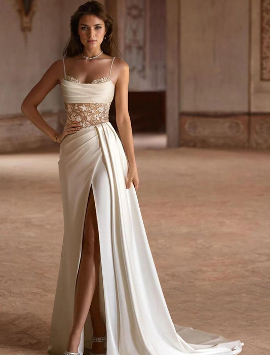 Beach Formal Boho Wedding Dresses A-Line Scoop Neck Spaghetti Strap Sweep / Brush Train Satin Bridal Gowns With Pleats Beading