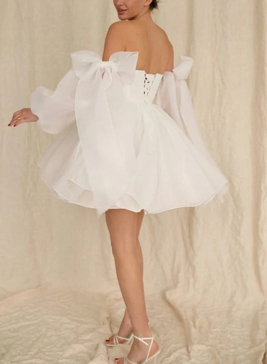 A-Line Puff Long Sleeves Short Wedding Dresses With Bows