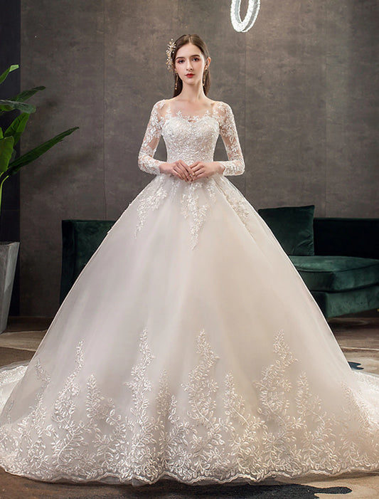 Engagement Formal Wedding Dresses Ball Gown Illusion Neck Long Sleeve Cathedral Train Lace Bridal Gowns With Pleats Appliques