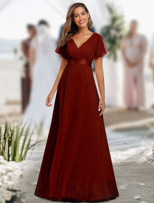 A-Line Ruched Wedding Guest Dress Beach Wedding Elegant Formal Black Tie For Bridesmaid Floor Length Short Sleeve V Neck Chiffon V Back with Ruffles dress