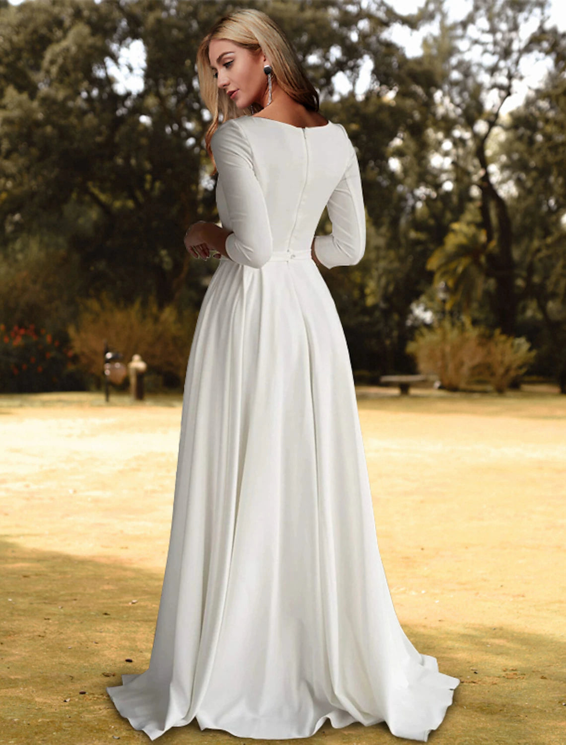 Hall Casual Wedding Dresses A-Line Scoop Neck 3/4 Length Sleeve Sweep / Brush Train Stretch Fabric Bridal Gowns With Pleats Solid Color