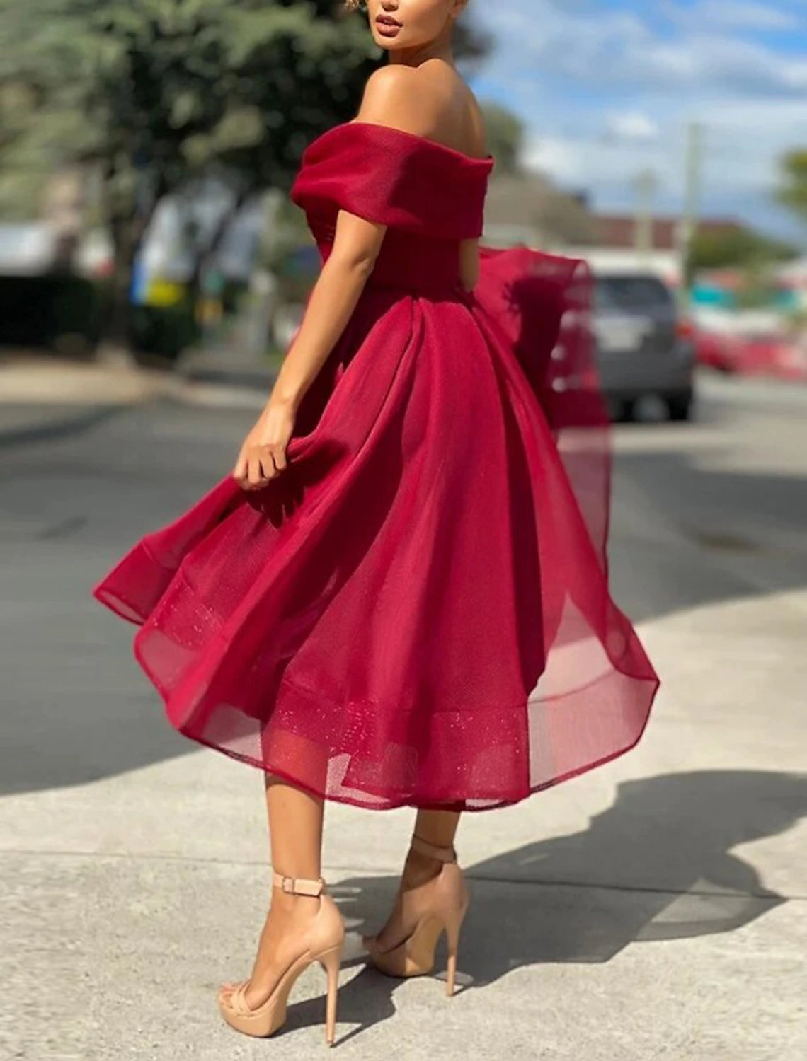 Beach Wedding A-Line Cocktail Dresses Vintage Dress Wedding Guest Tea Length Sleeveless Off Shoulder Tulle with Pleats Derby Dresses