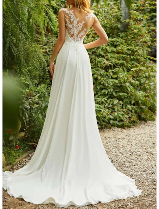 Beach Open Back Boho Wedding Dresses A-Line Illusion Neck Cap Sleeve Sweep / Brush Train Chiffon Bridal Gowns With Lace Insert dress to impress Fall Wedding