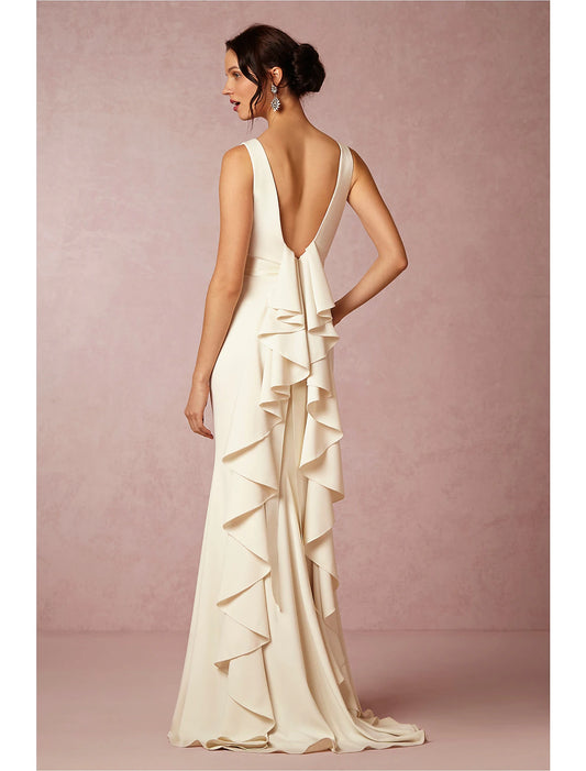 Hall Open Back Casual Wedding Dresses Sheath Scoop Neck Sleeveless Sweep / Brush Train Stretch Fabric Bridal Gowns With Draping