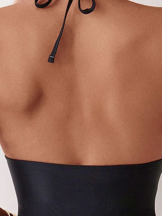 Women's Swimwear One Piece Monokini Swimsuit Mesh Tummy Control High Waist Slim Backless Vacation Beach Wear Solid Color V Neck Sleeveless Bathing Suits