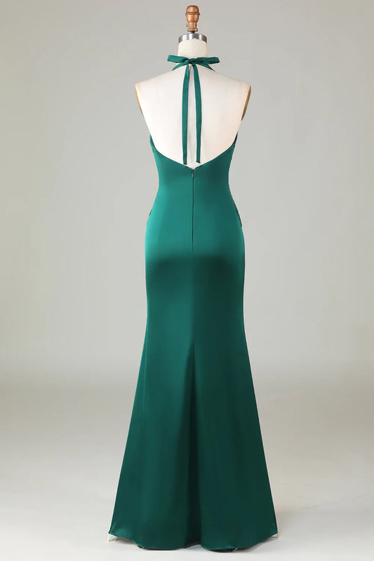 Taooobao™ Mermaid Halter Dark Green Long Satin Bridesmaid Dress