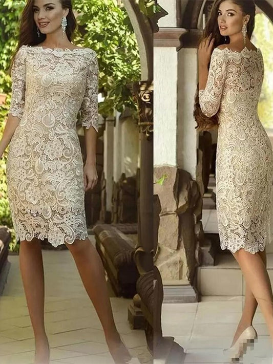Off-Shoulder Lace Mother of the Bride Dress with 3/4 Sleeves