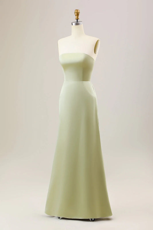 Dusty Sage A Line Strapless Satin Long Bridesmaid Dress