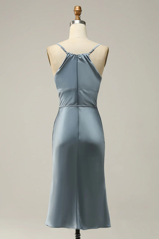 Sheath Spaghetti Straps Grey Blue Satin Bridesmaid Dress