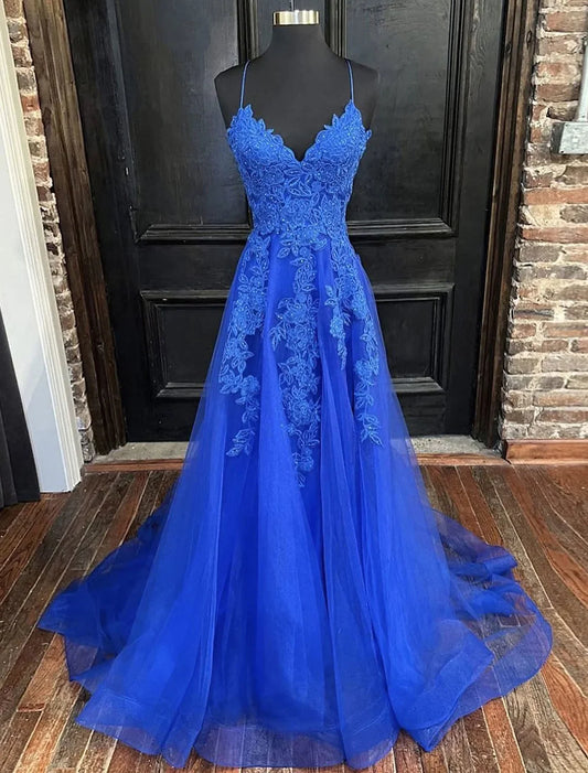 A-Line Prom Dresses Open Back Dress Formal Prom Court Train Sleeveless V Neck Tulle Backless V Back with Beading Appliques
