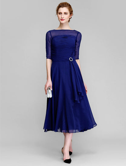 A-Line Mother of the Bride Dress Wedding Guest Elegant Plus Size Bateau Neck Tea Length Chiffon Half Sleeve with Ruched