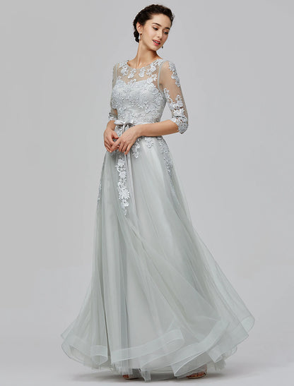 A-Line Empire Dress Wedding Guest Prom Floor Length Half Sleeve Illusion Neck Tulle with Bow(s) Appliques