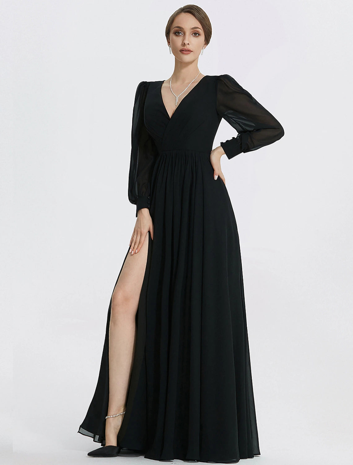 A-Line Evening Gown Elegant Dress Formal Floor Length Long Sleeve V Neck Chiffon with Slit